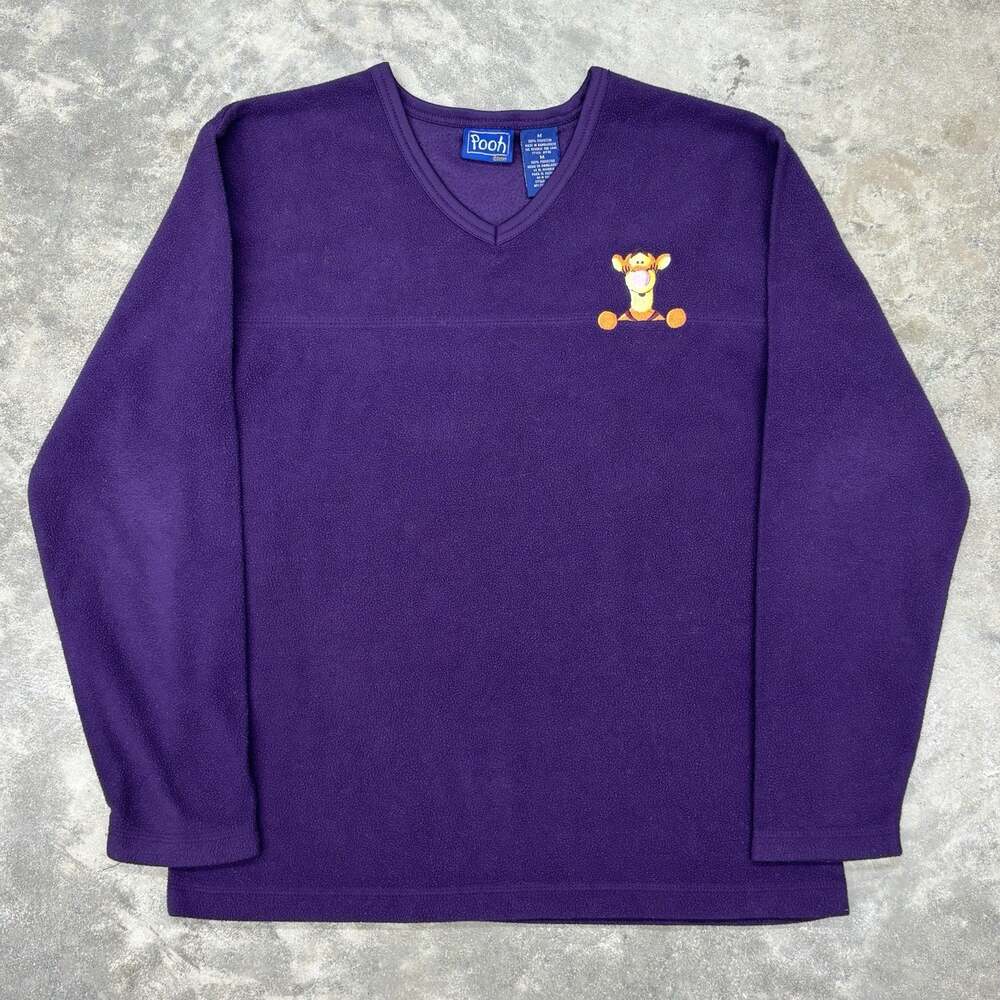 Vtg Pooh Disney Fleece V Neck Pullover Womens Medium Purple Tigger Embroidered